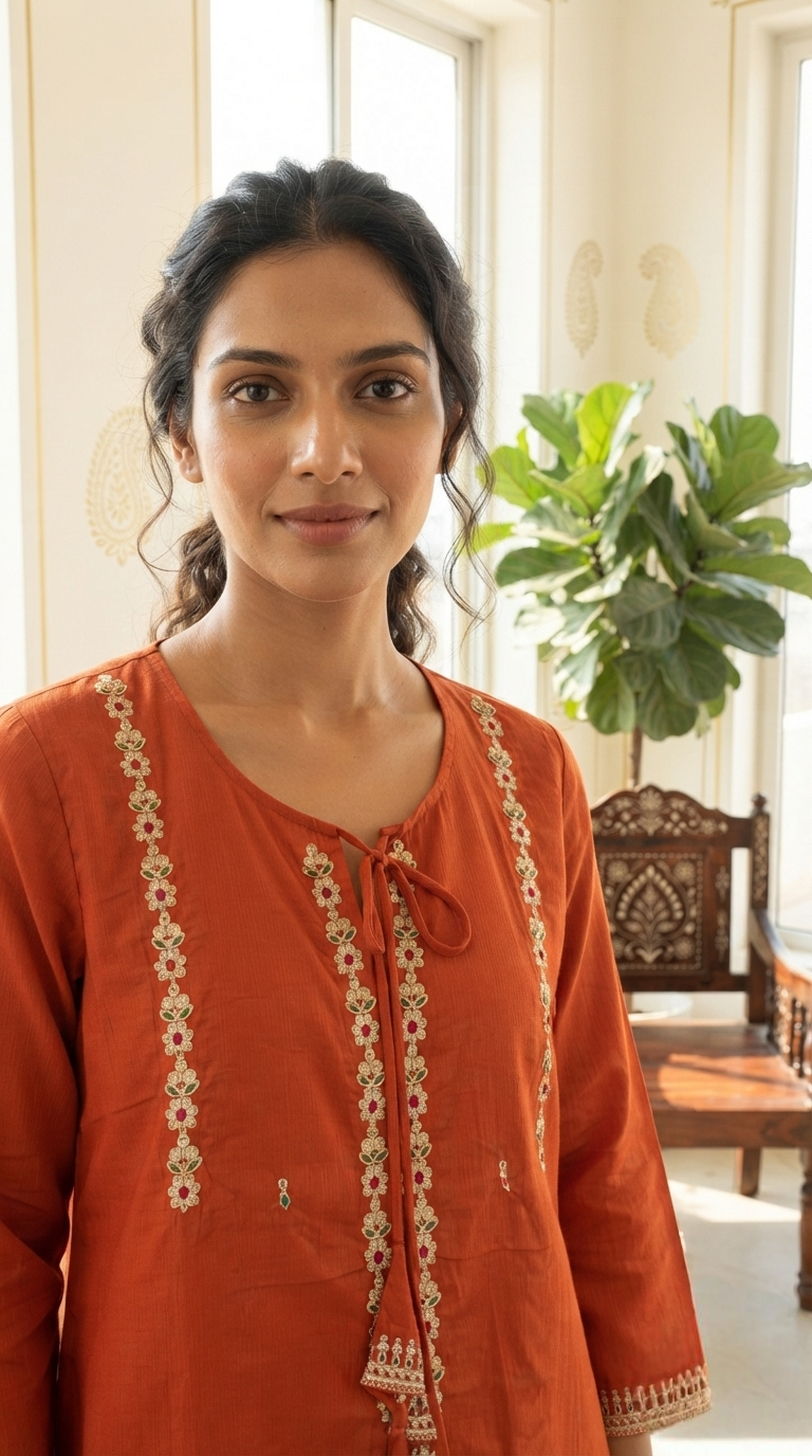 Women Rust Gota Patti Cotton Kurta Pant Dupatta