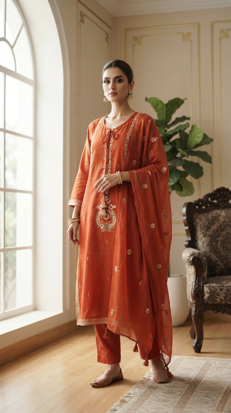 Women Rust Gota Patti Cotton Kurta Pant Dupatta