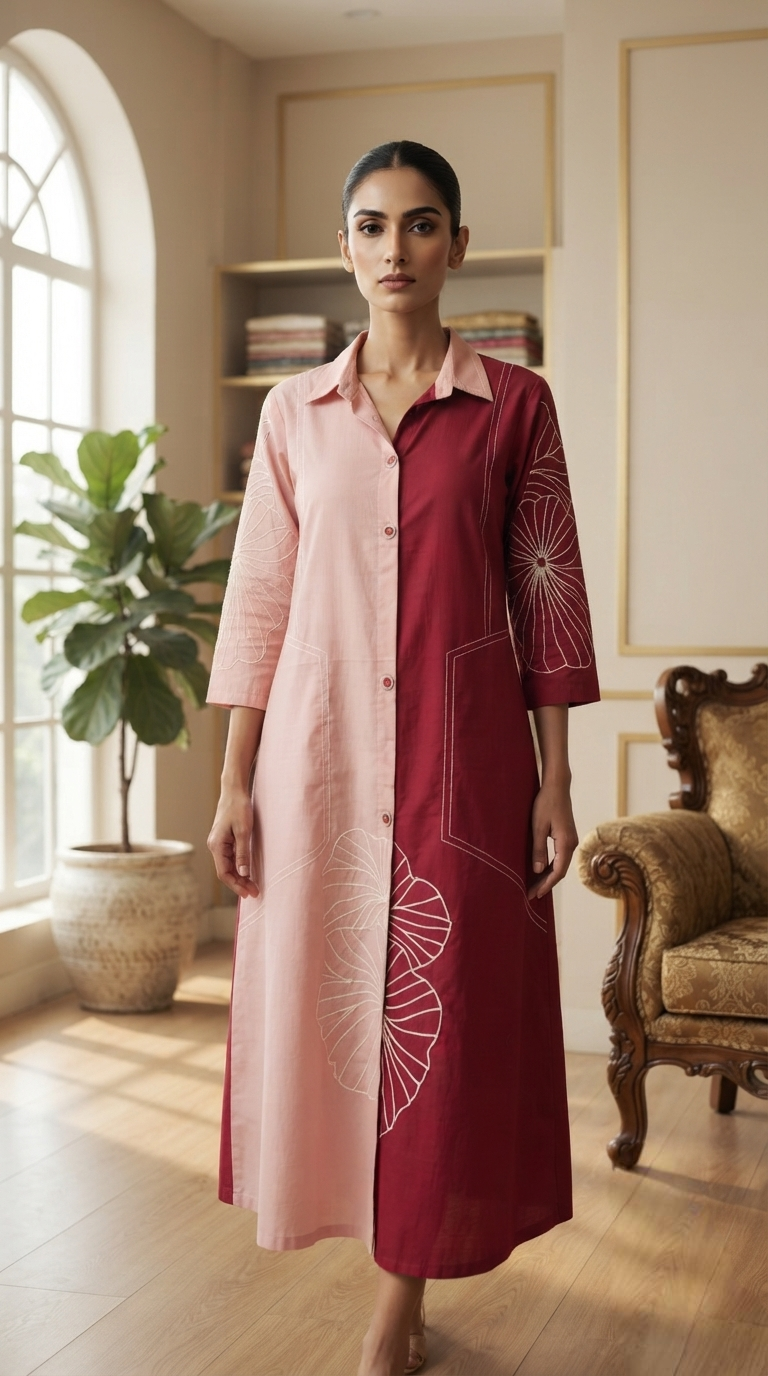 Women Pink Embroidered Cotton Long Dress