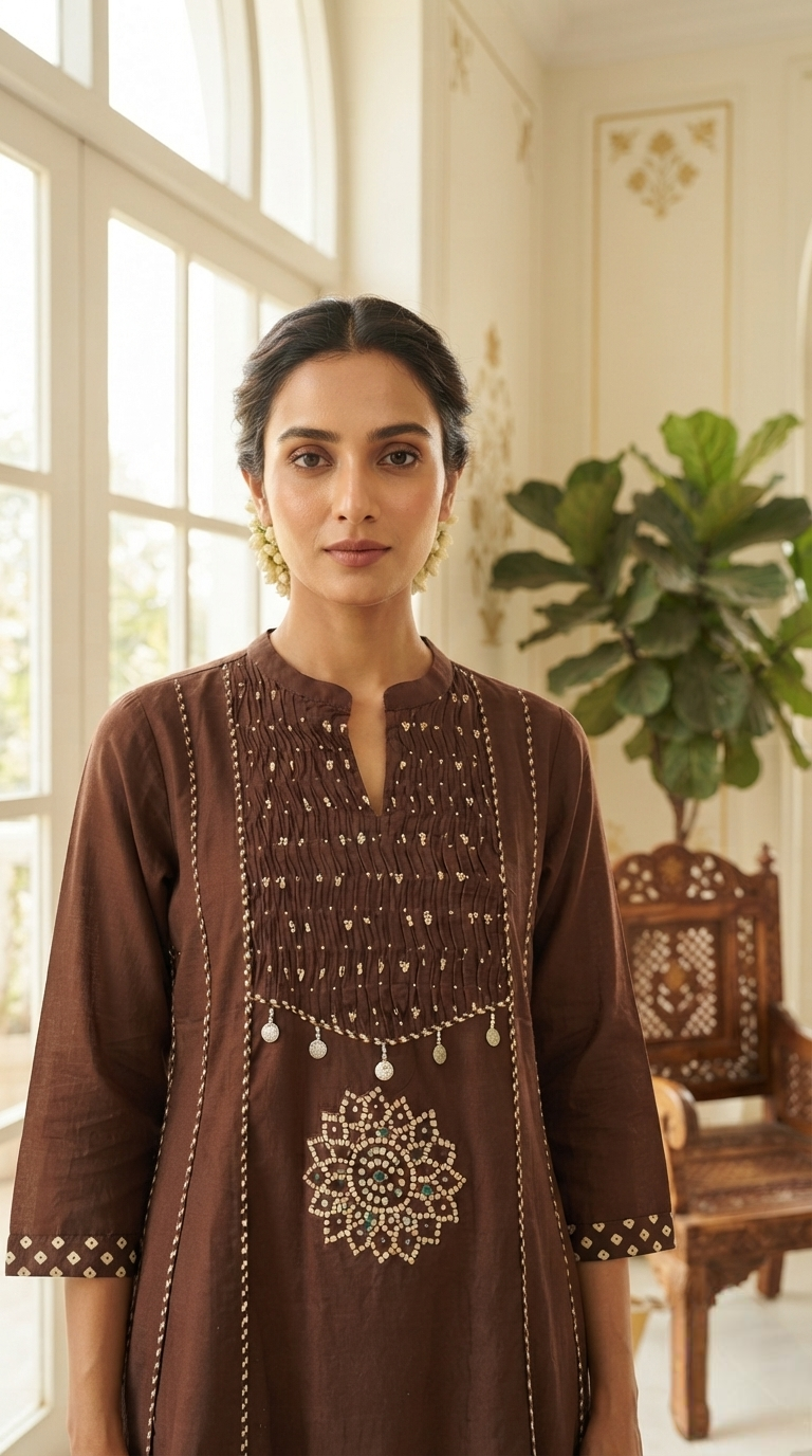 Women Brown Printed Cotton Kurta Pant Dupatta