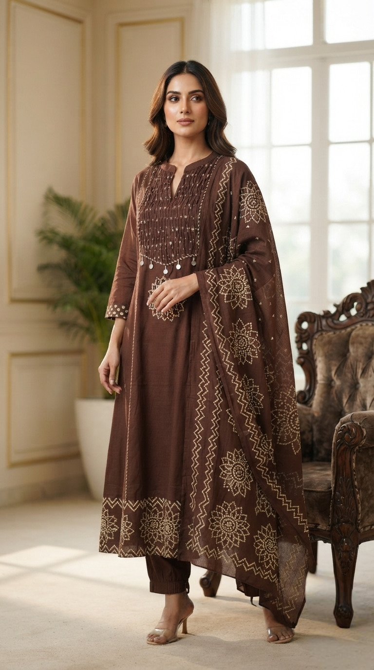 Women Brown Printed Cotton Kurta Pant Dupatta