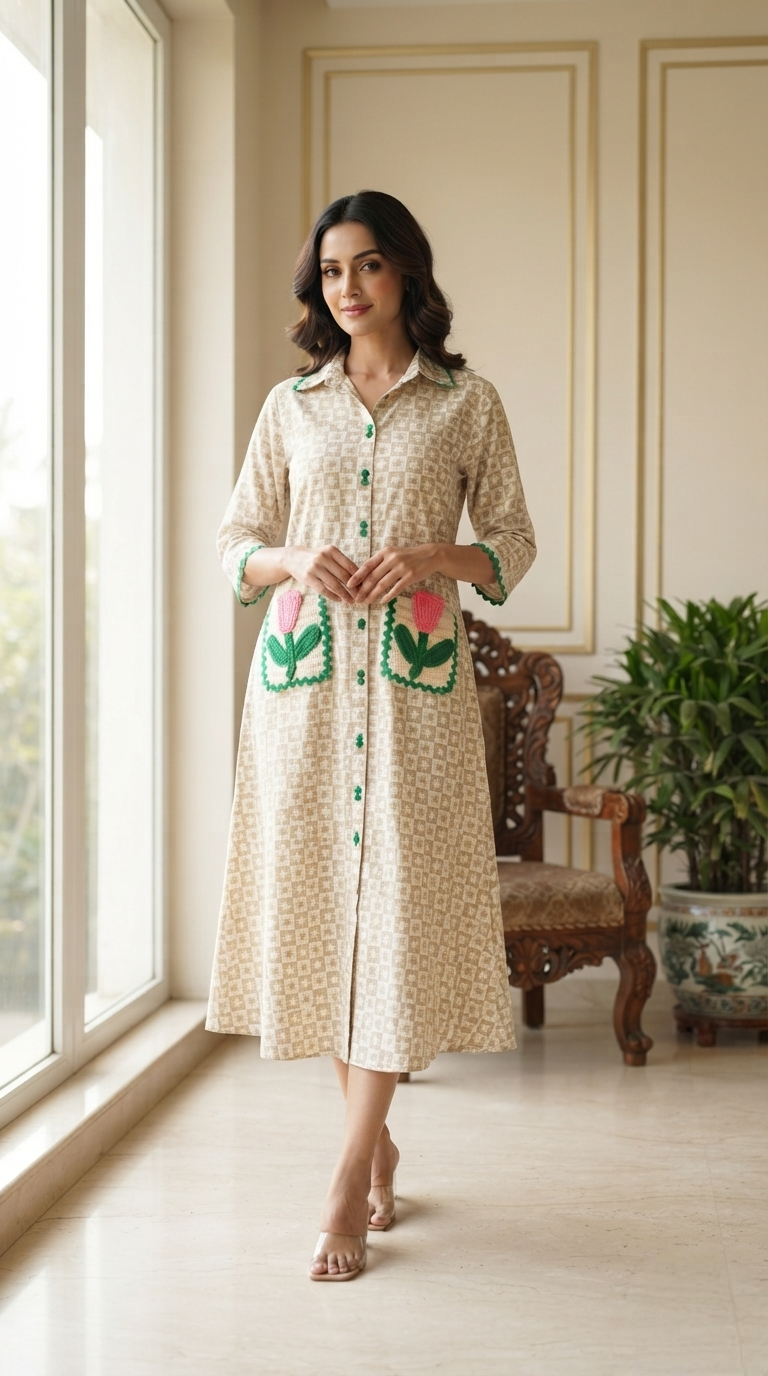Women Beige Embroidered Cotton Dress