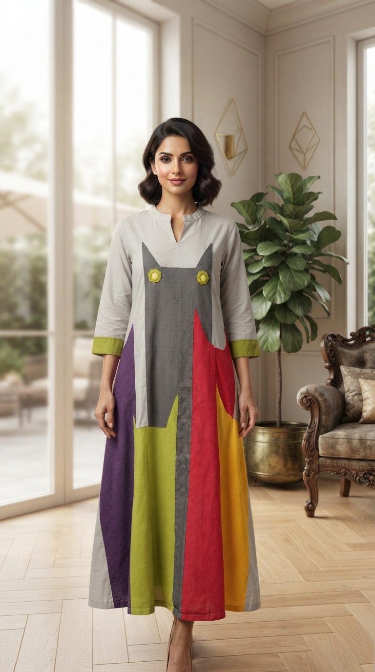 Women Grey Embroidered Cotton Dress