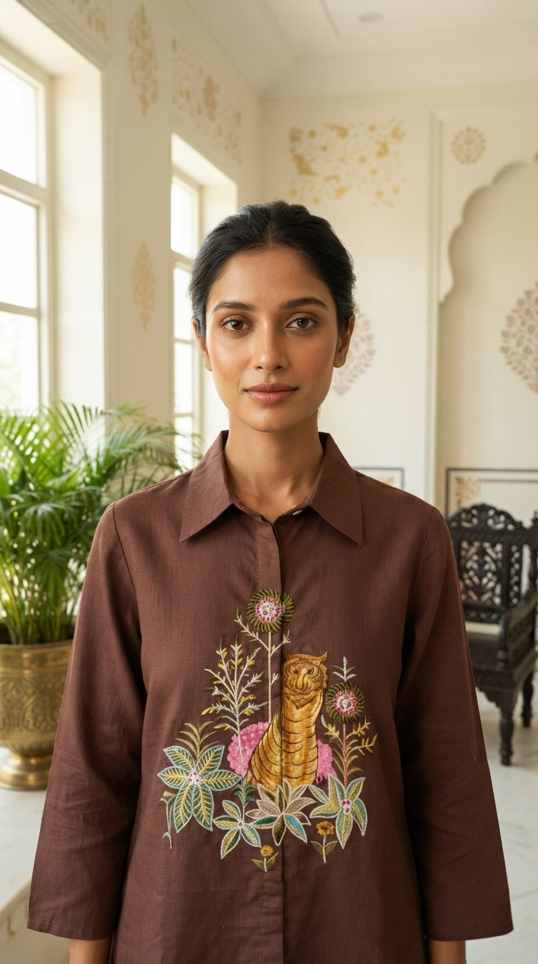 Women Brown Embroidered Cotton Cordset
