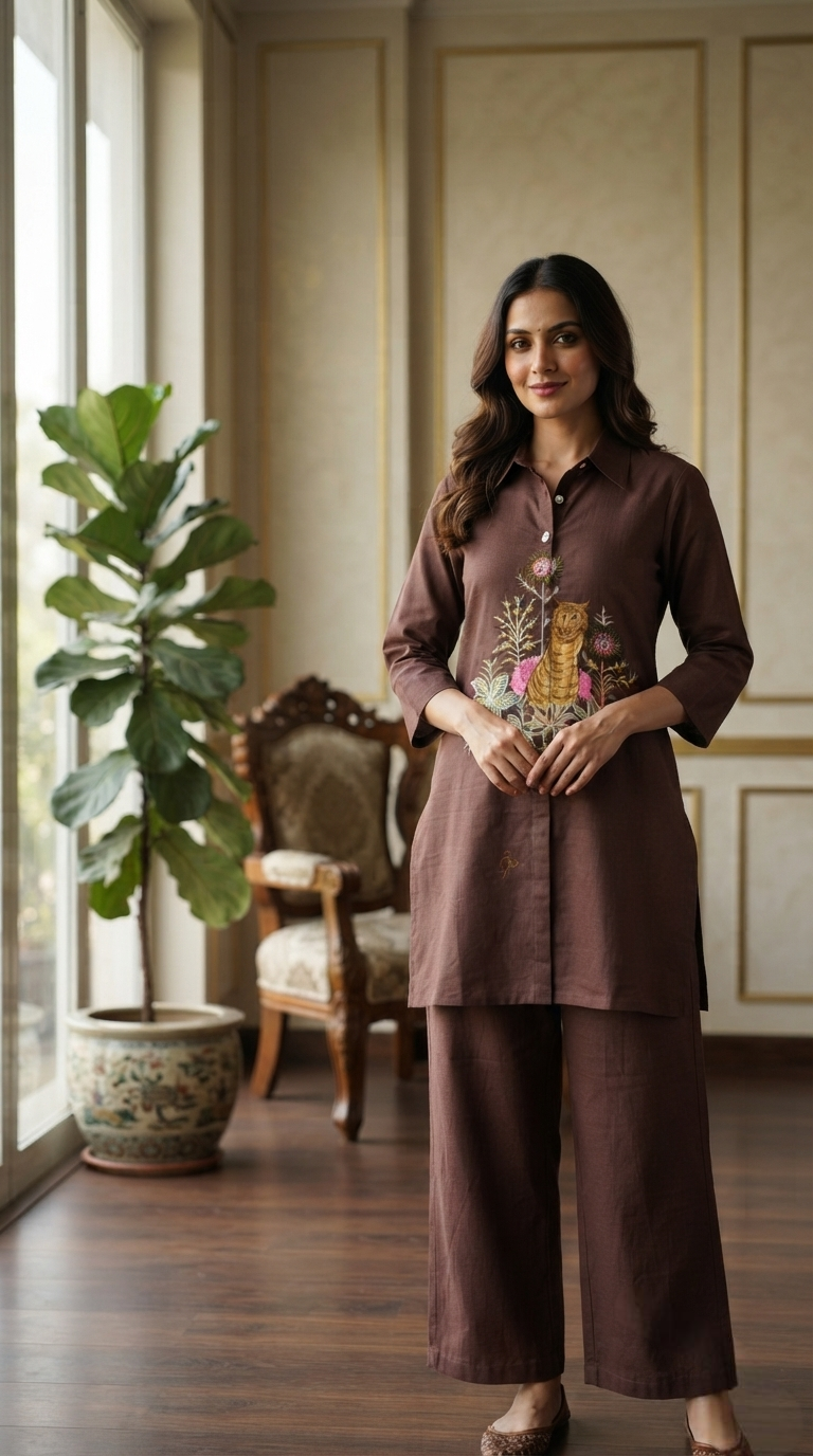 Women Brown Embroidered Cotton Cordset