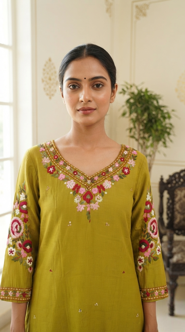 Women Yellow Embroidered Cotton Kurta Pant