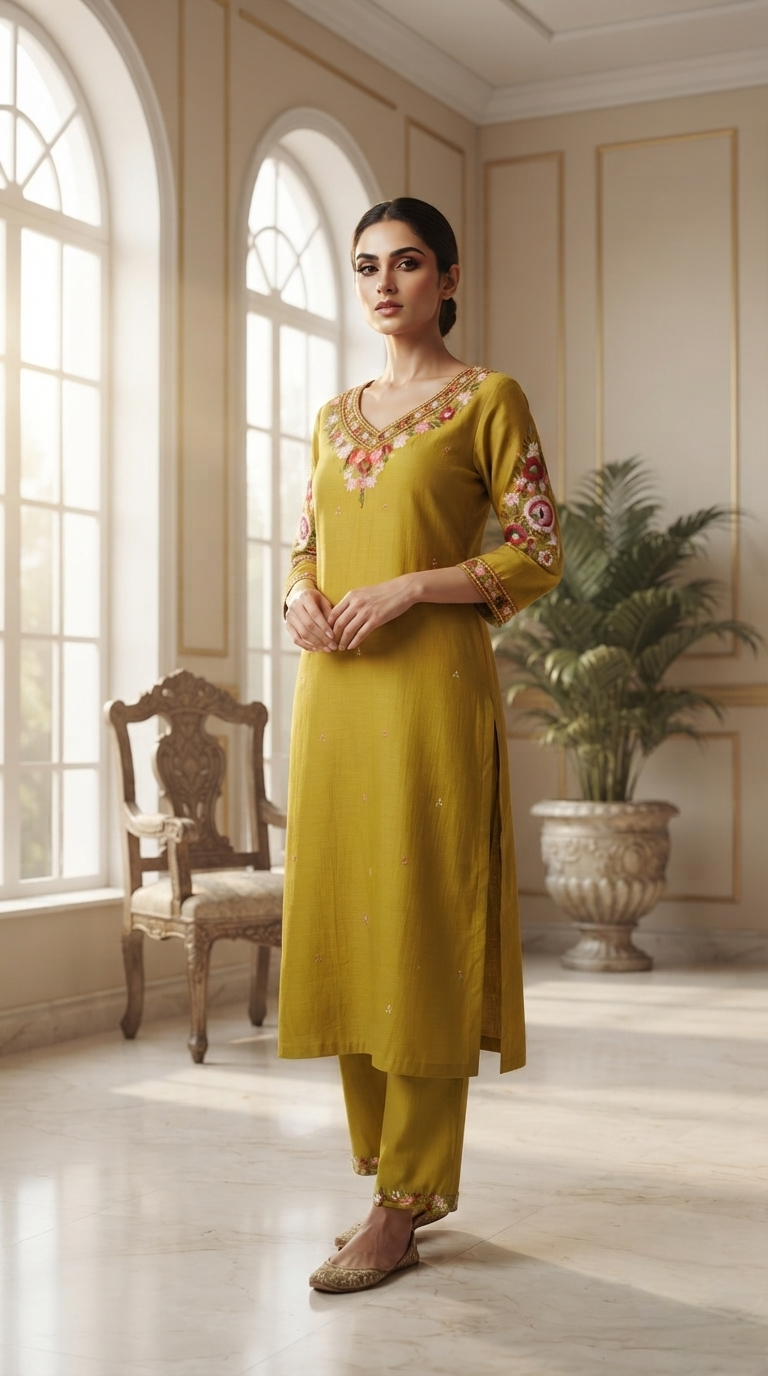 Women Yellow Embroidered Cotton Kurta Pant