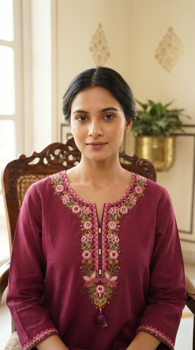Women Purple Embroidered Cotton Kurta Pant Dupatta