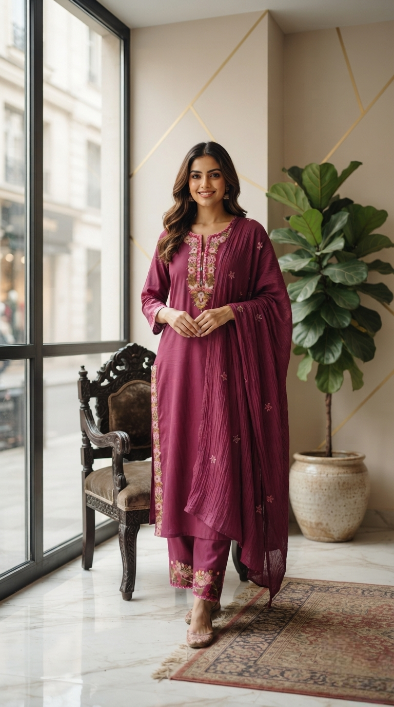 Women Purple Embroidered Cotton Kurta Pant Dupatta