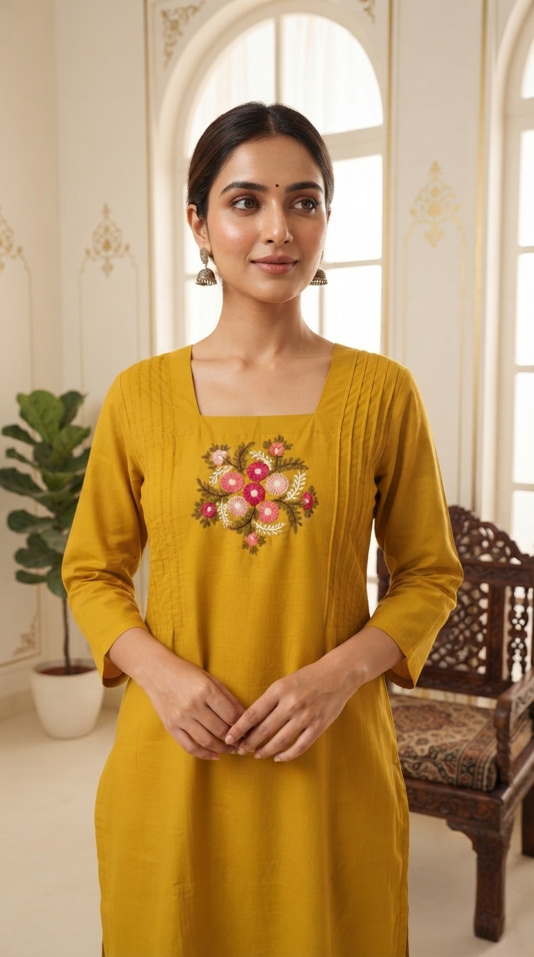 Women Yellow Embroidered Cotton Kurta Pant