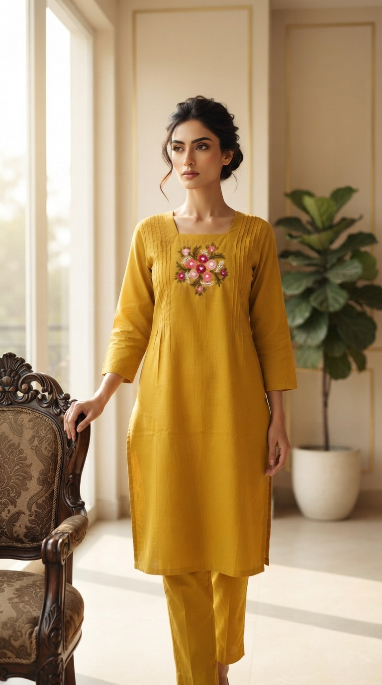 Women Yellow Embroidered Cotton Kurta Pant