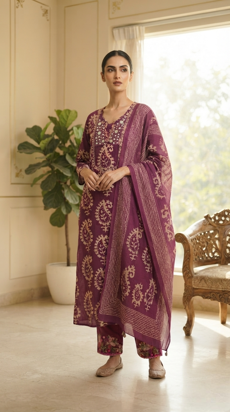 Women Purple Mirror Cotton Kurta Pant Dupatta