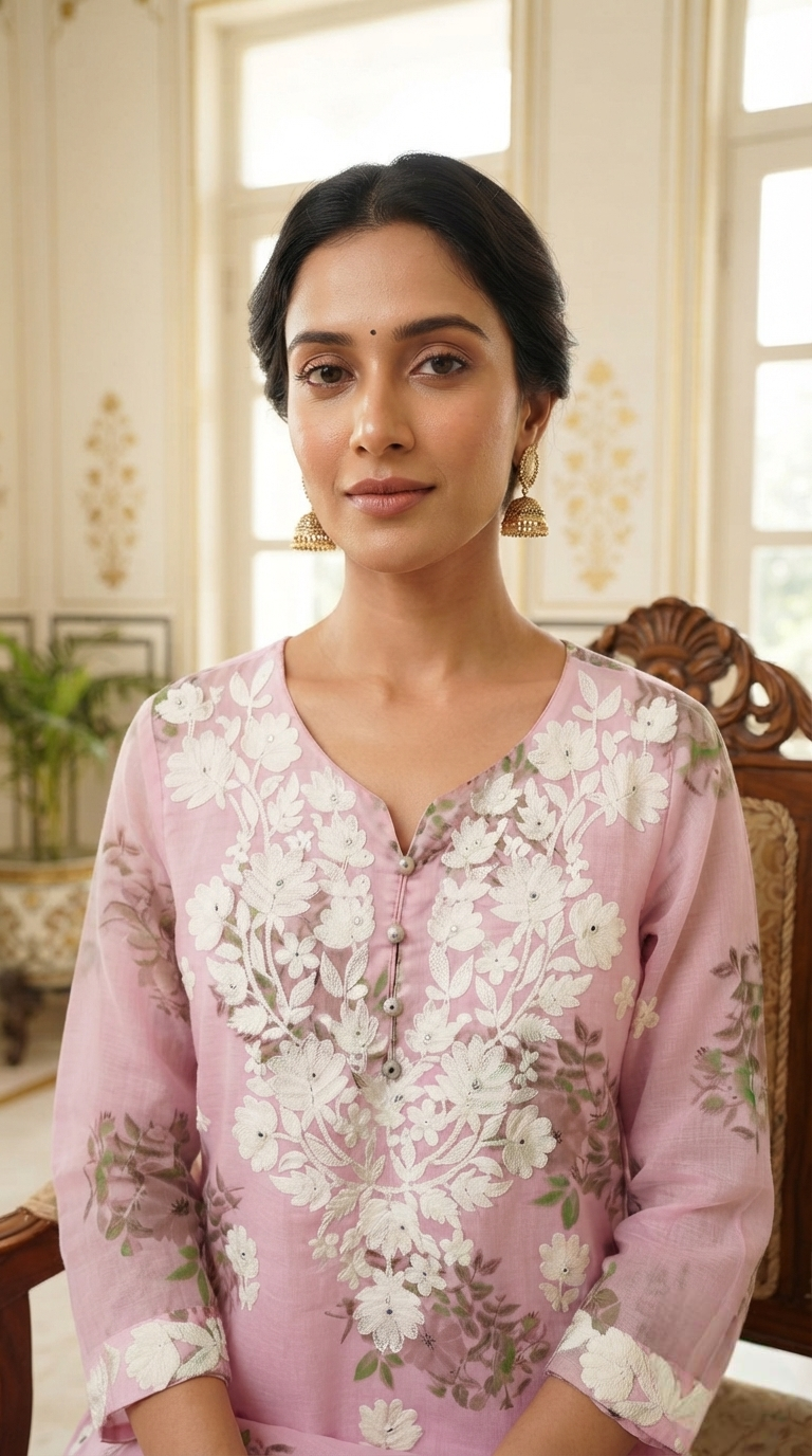 Women Pink Chikankari Mul Cotton Kurta Pant Dupatta