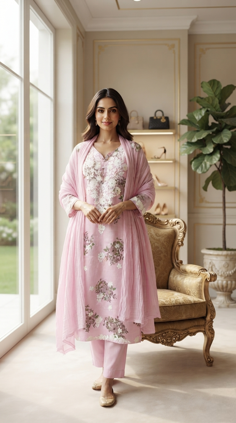 Women Pink Chikankari Mul Cotton Kurta Pant Dupatta