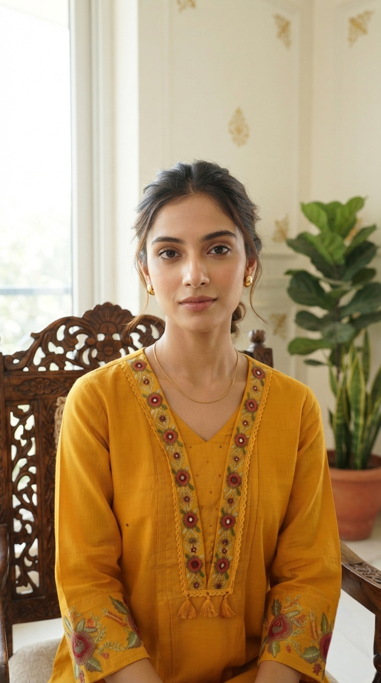 Women Yellow Embroidered Cotton Kurta Pant Dupatta