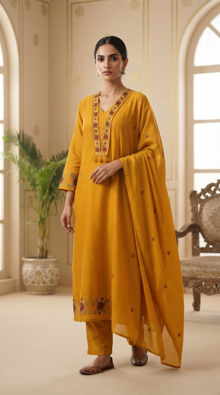Women Yellow Embroidered Cotton Kurta Pant Dupatta