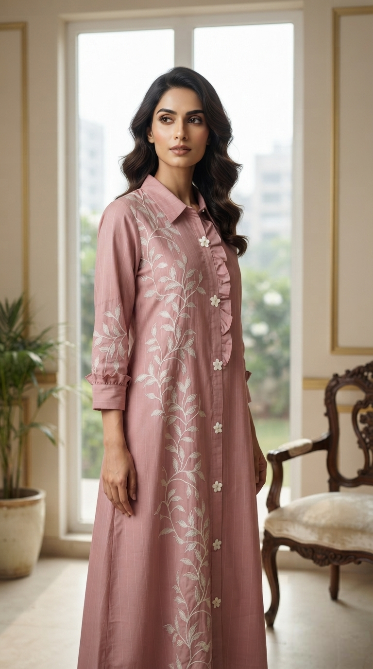 Women Pink Embroidered Cotton Dress