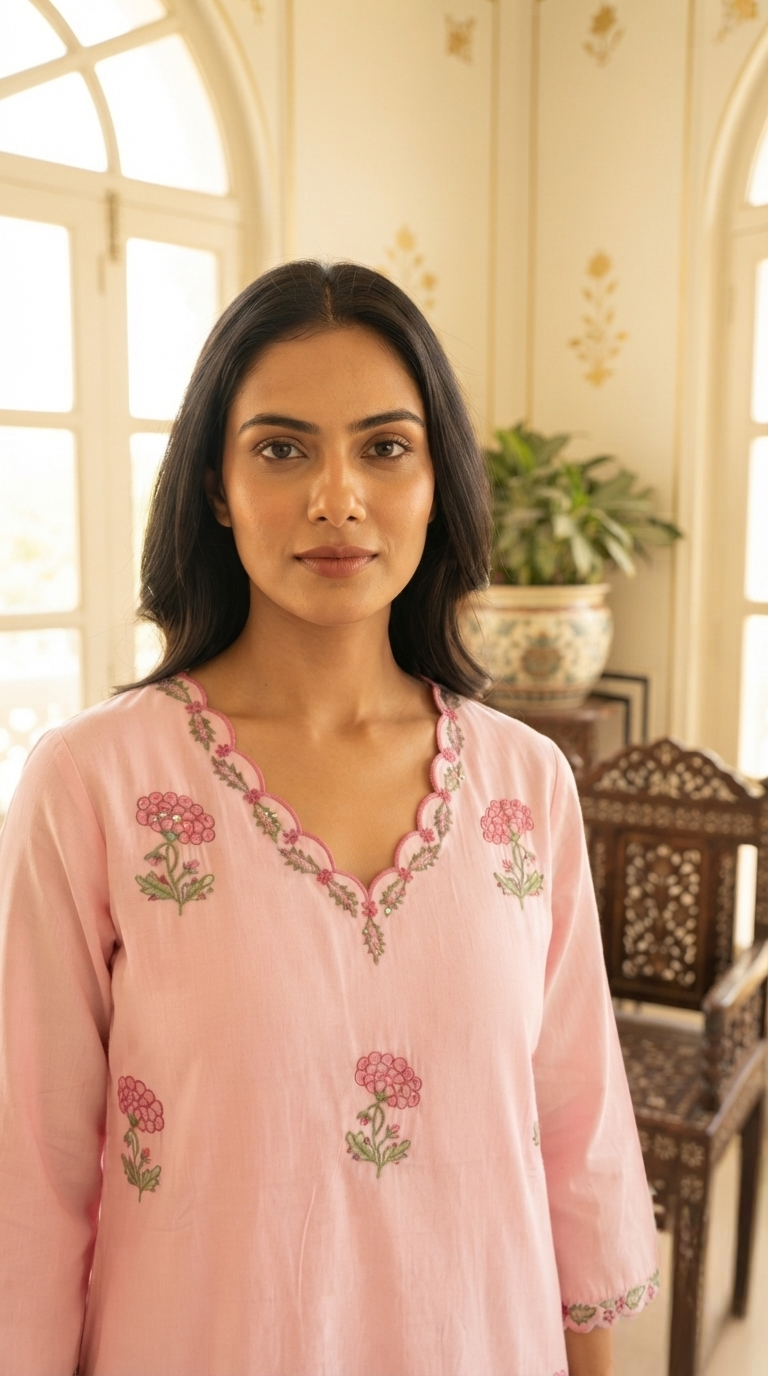 Women Pink Embroidered Cotton Kurta Pant Dupatta