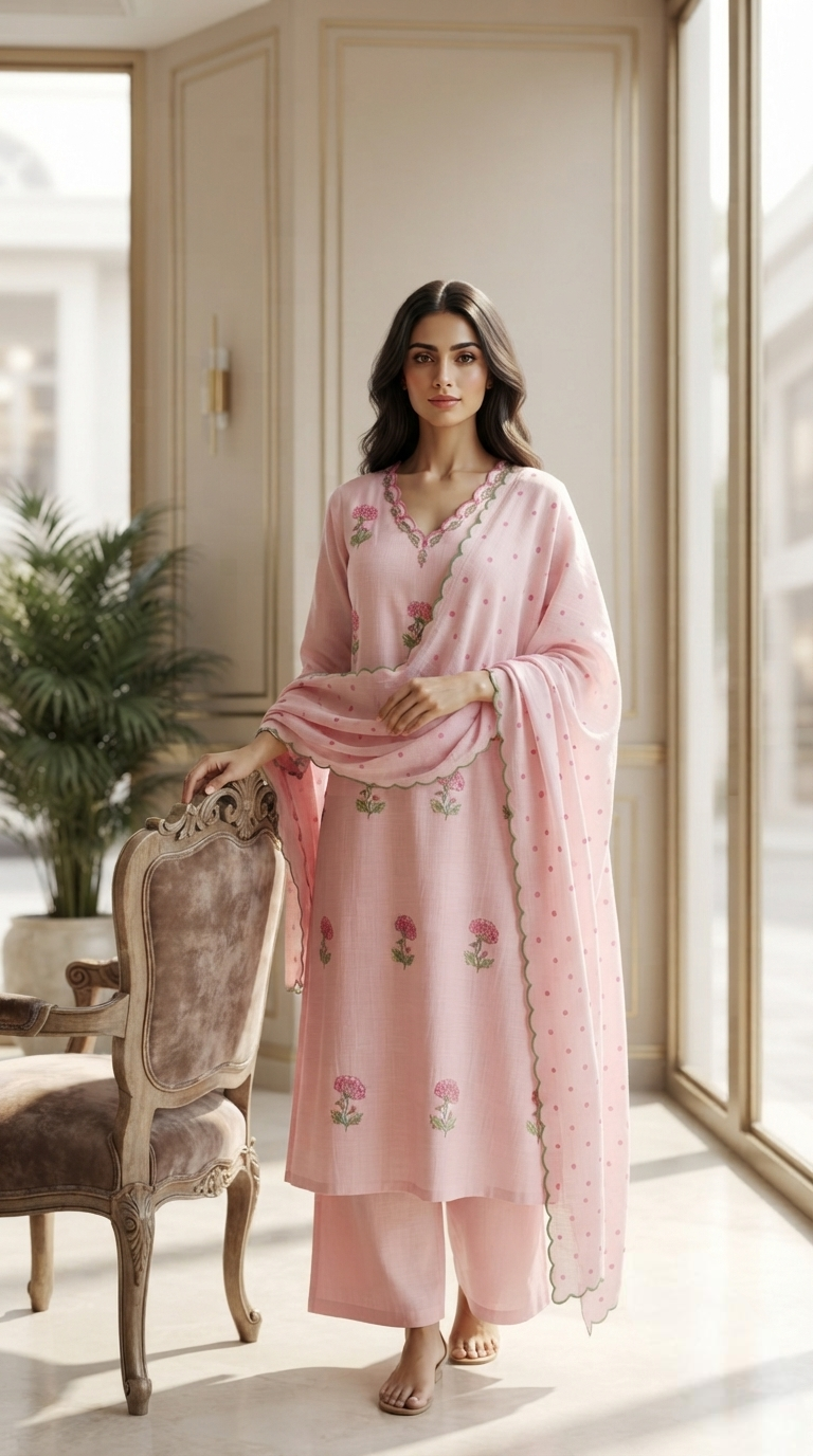Women Pink Embroidered Cotton Kurta Pant Dupatta