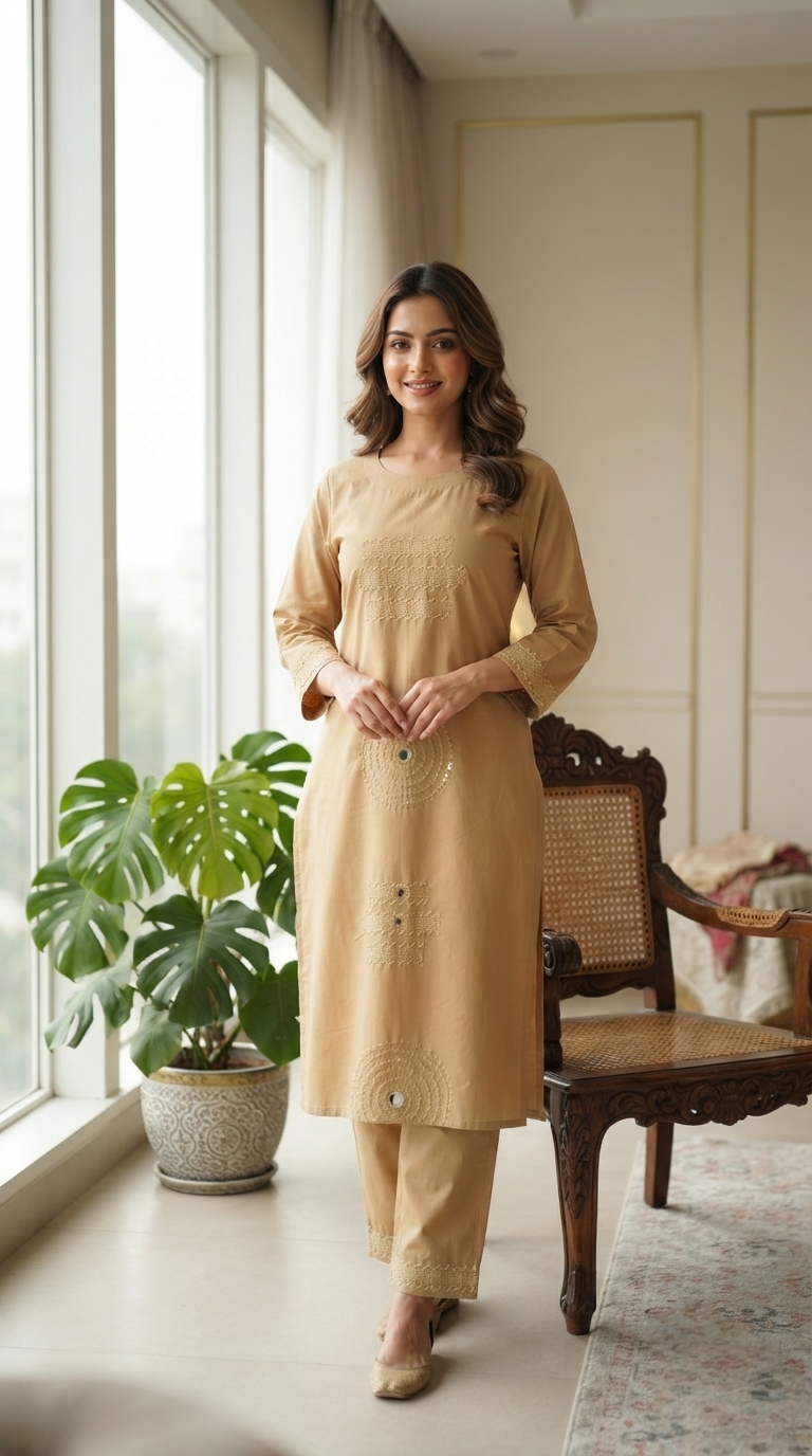 Women Beige Embroidered Cotton Kurta Pant
