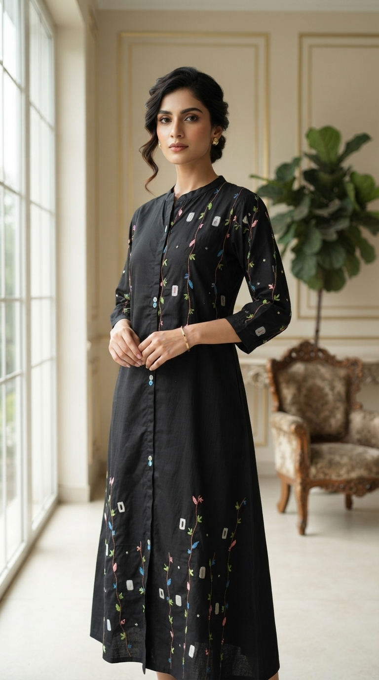 Women Black Embroidered Cotton Dress