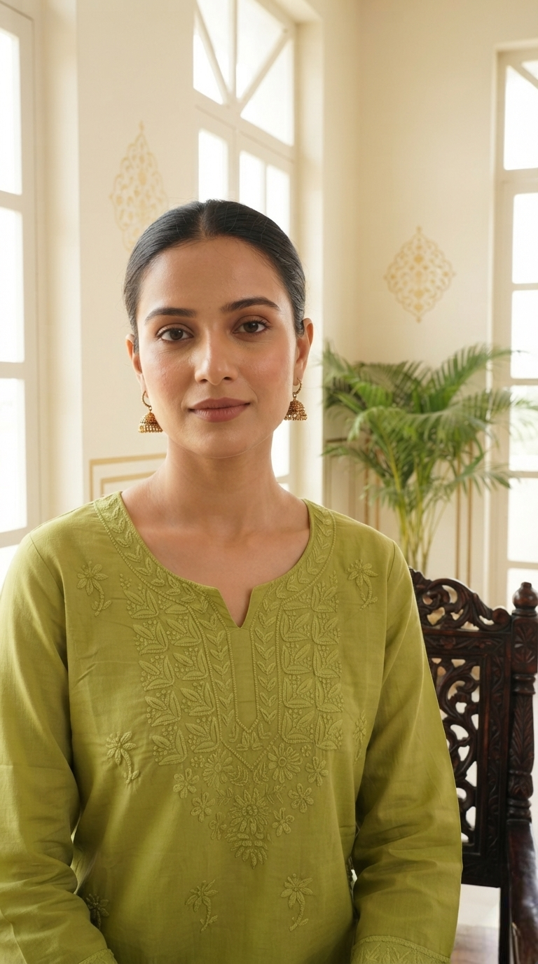 Women Green Chikankari Cotton Kurta Pant Dupatta