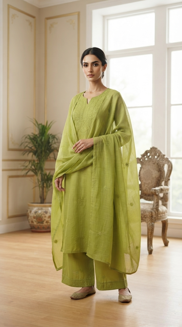 Women Green Chikankari Cotton Kurta Pant Dupatta