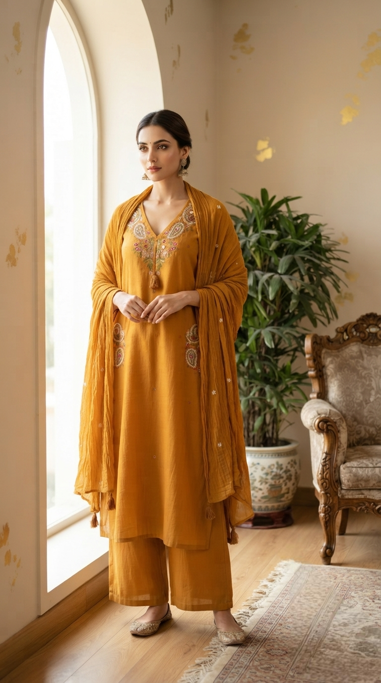 Women Yellow Zari Cotton Kurta Pant Dupatta