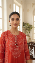 Women Orange Bandhani Printed Cotton Kurta Pant Dupatta