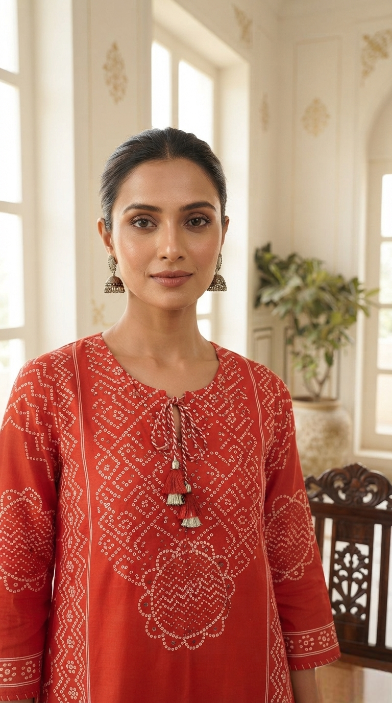 Women Orange Bandhani Printed Cotton Kurta Pant Dupatta