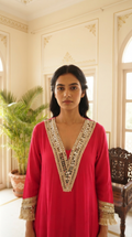 Women Pink Mirror Mul Chanderi Kurta Pant Dupatta