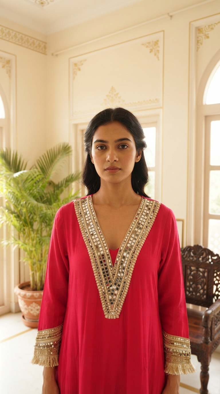 Women Pink Mirror Mul Chanderi Kurta Pant Dupatta