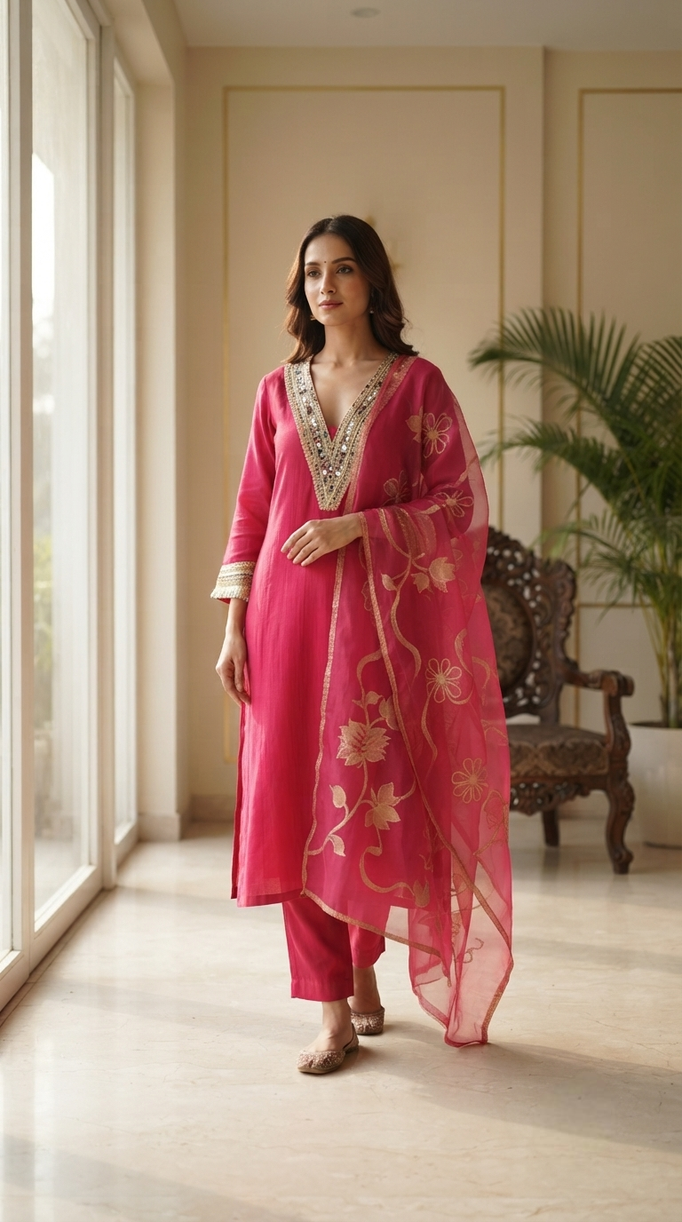 Women Pink Mirror Mul Chanderi Kurta Pant Dupatta