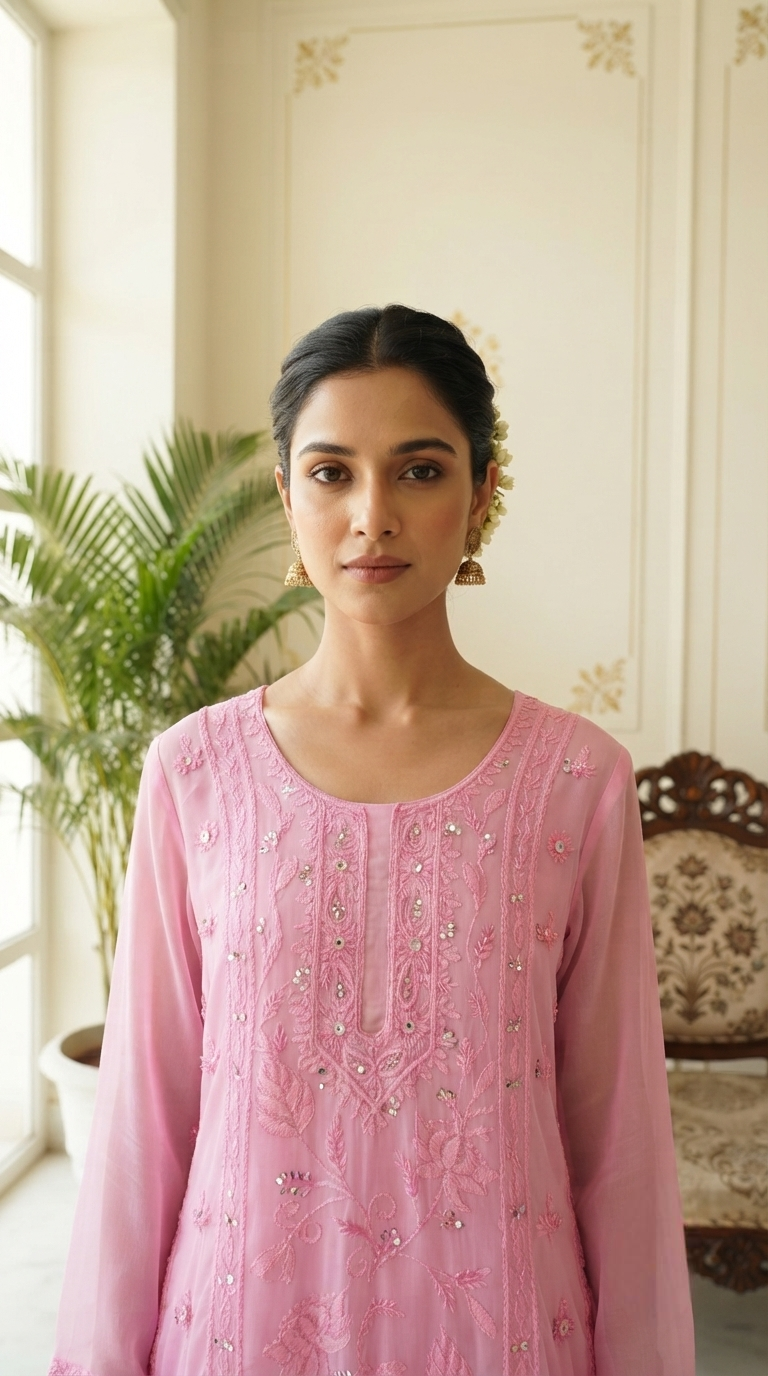 Women Pink Chikankari Mul Chanderi Kurta Pant Dupatta