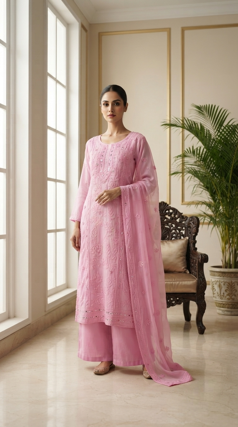 Women Pink Chikankari Mul Chanderi Kurta Pant Dupatta