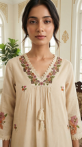 Women Cream Embroidered Cotton Kurta Pant Dupatta