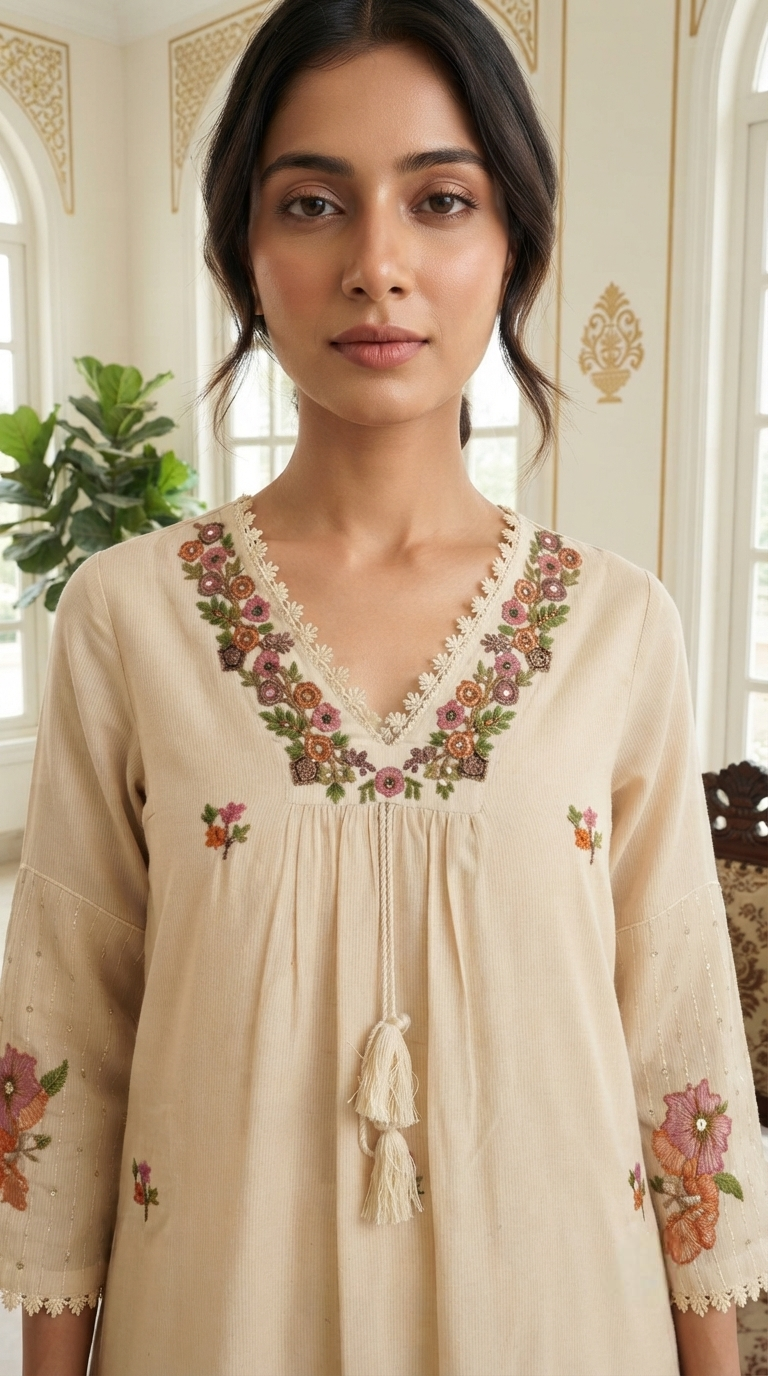 Women Cream Embroidered Cotton Kurta Pant Dupatta