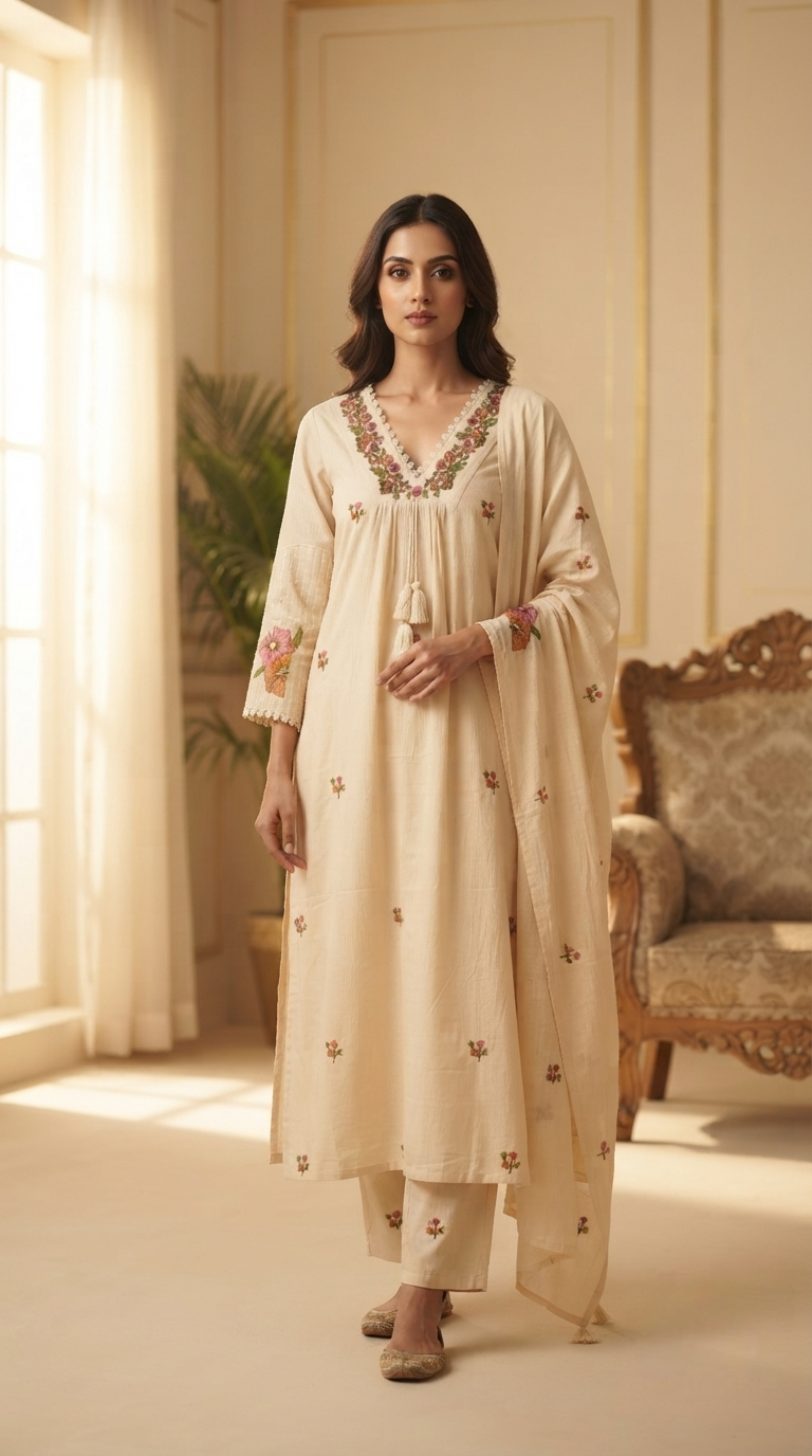 Women Cream Embroidered Cotton Kurta Pant Dupatta