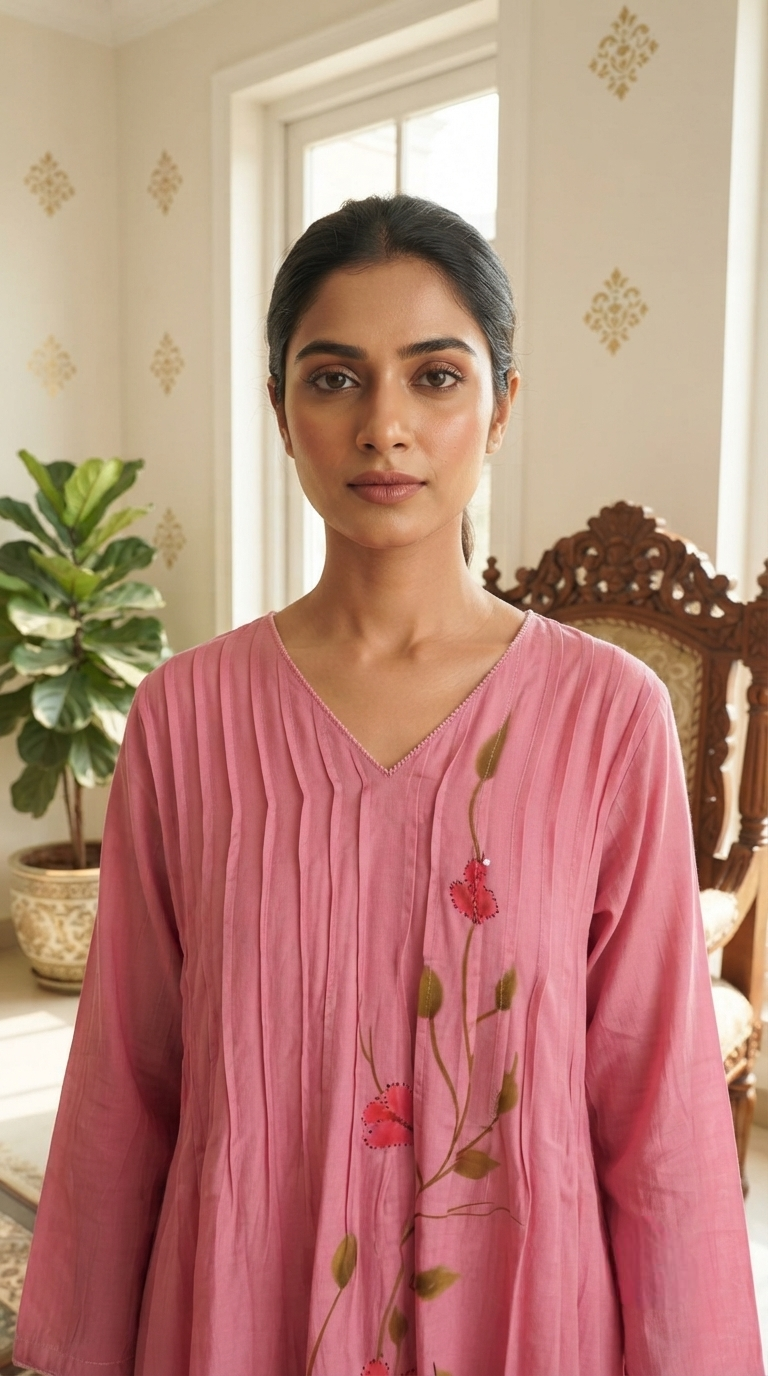 Women Pink Floral Mul Chanderi Kurta Pant Dupatta