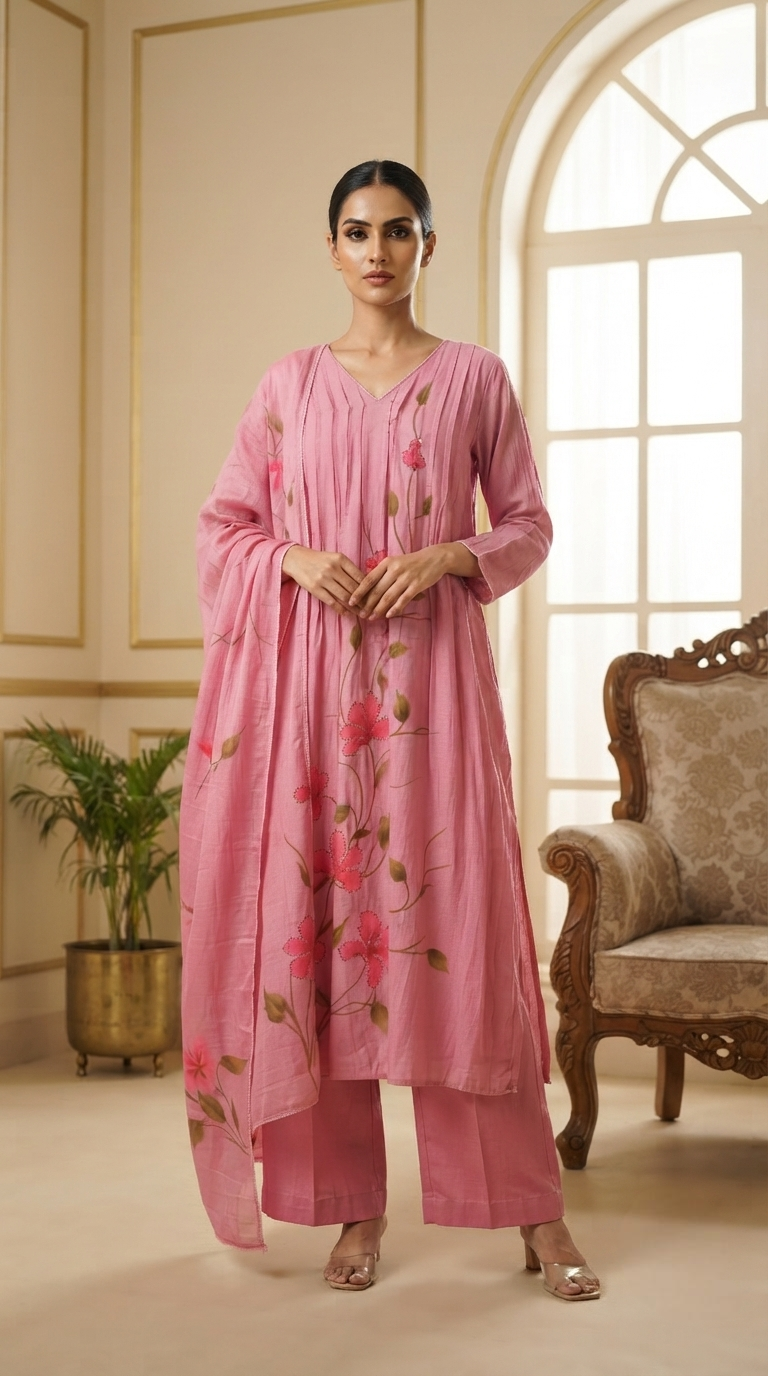 Women Pink Floral Mul Chanderi Kurta Pant Dupatta