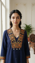 Women Blue Embroidered Mul Chanderi Kurta Pant Dupatta