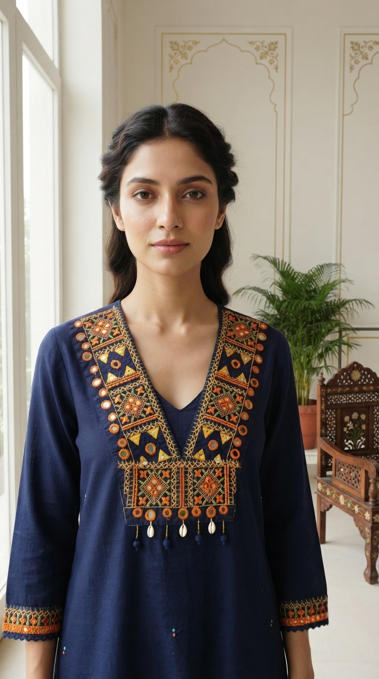 Women Blue Embroidered Mul Chanderi Kurta Pant Dupatta