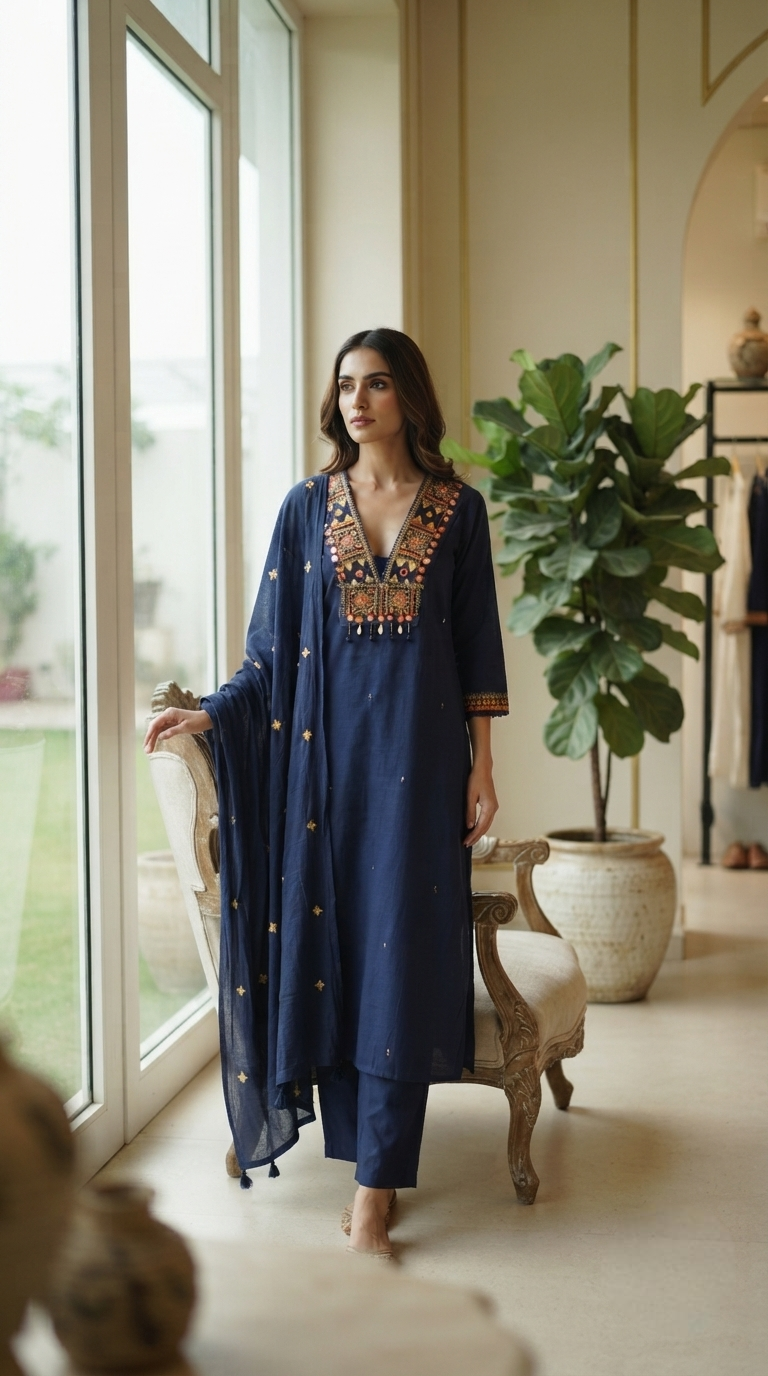Women Blue Embroidered Mul Chanderi Kurta Pant Dupatta