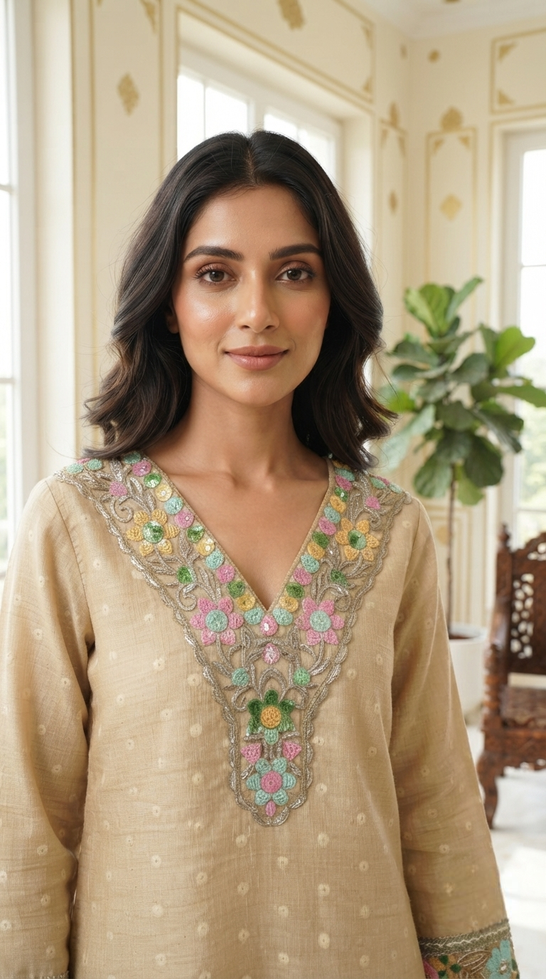 Women Beige Gota PattiMul Chanderi Kurta Pant Dupatta