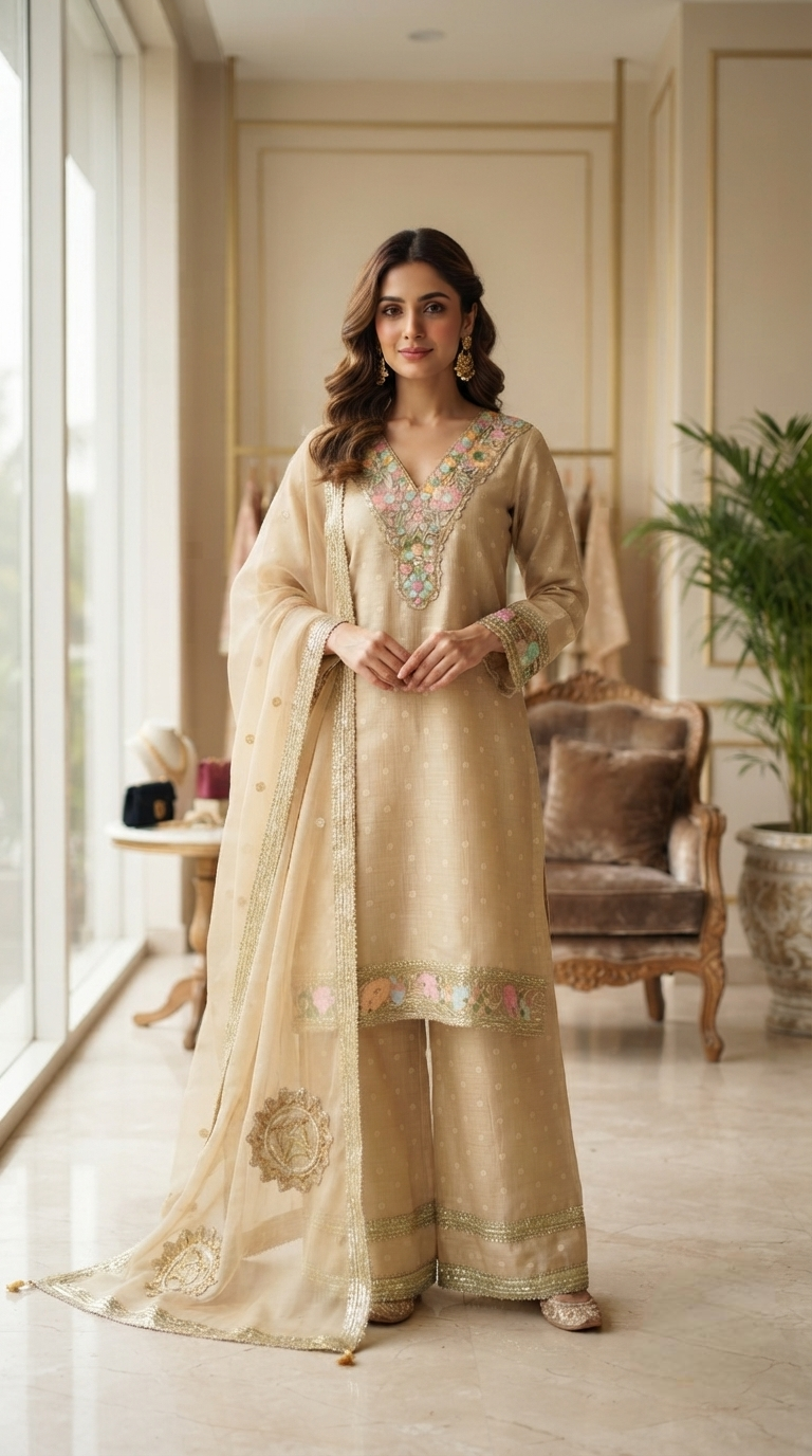 Women Beige Gota PattiMul Chanderi Kurta Pant Dupatta
