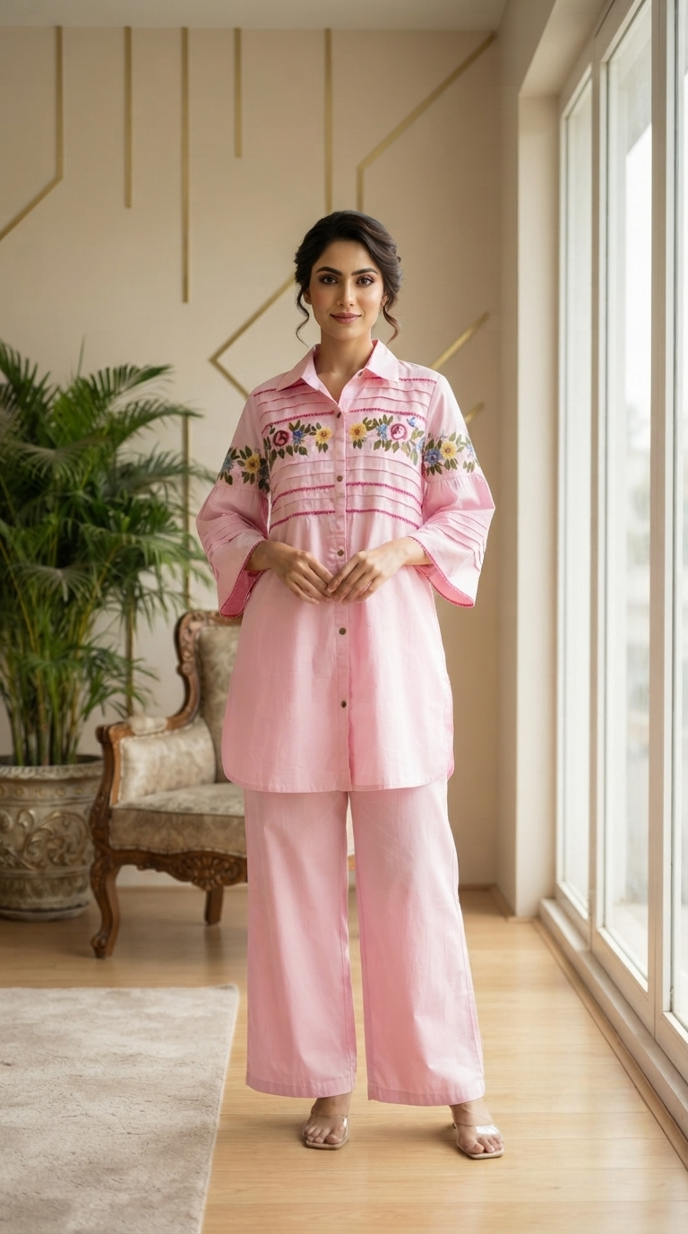 Women Pink Embroidered Cotton Cordset