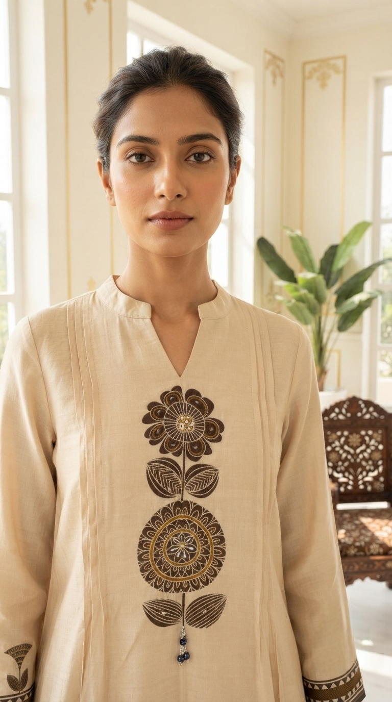 Women Beige Floral Mul Chanderi Kurta Pant Dupatta