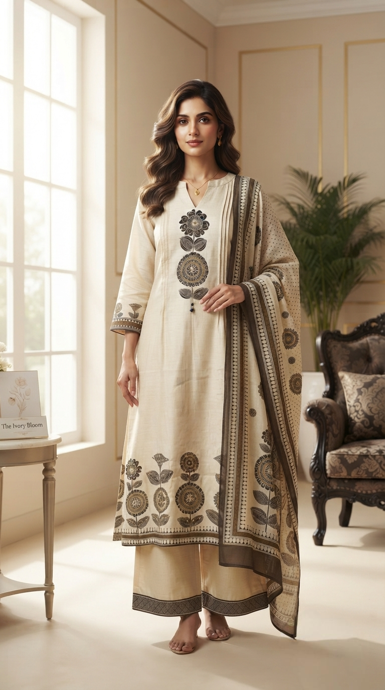 Women Beige Floral Mul Chanderi Kurta Pant Dupatta