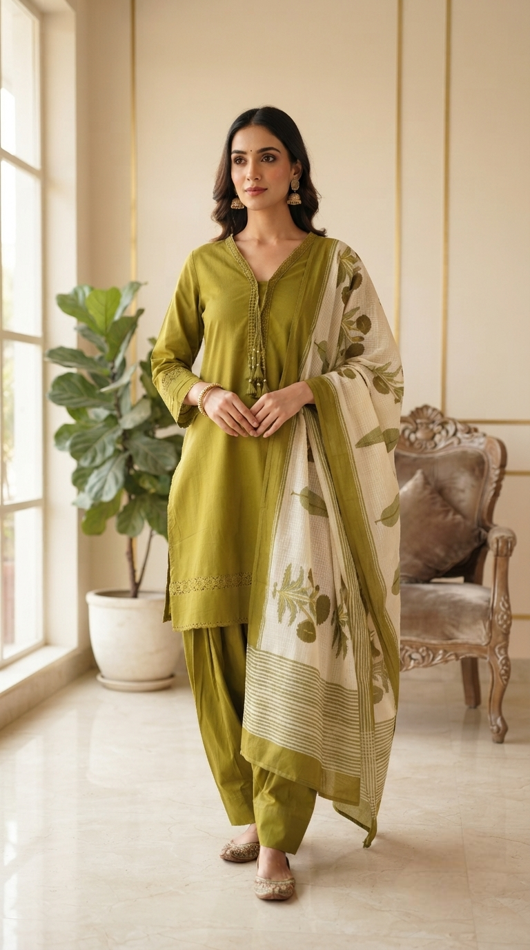 Women Green Embroidered Cotton Kurta Farshi Salwar Dupatta