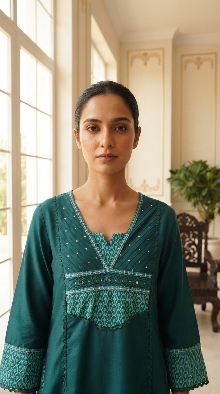 Women Green Mirror Cotton Kurta Pant Dupatta